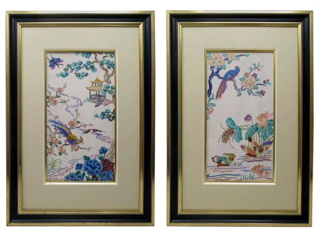 648. Antique Pair of Chinese Hand Embroidered Silk Pictures Panels Irish Interest