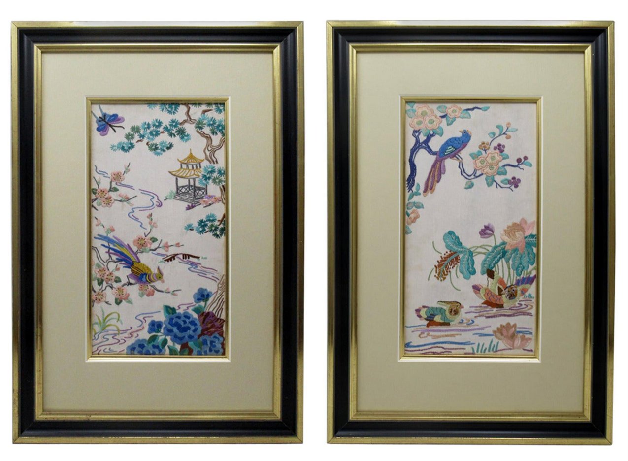 648. Antique Pair of Chinese Hand Embroidered Silk Pictures Panels Irish Interest