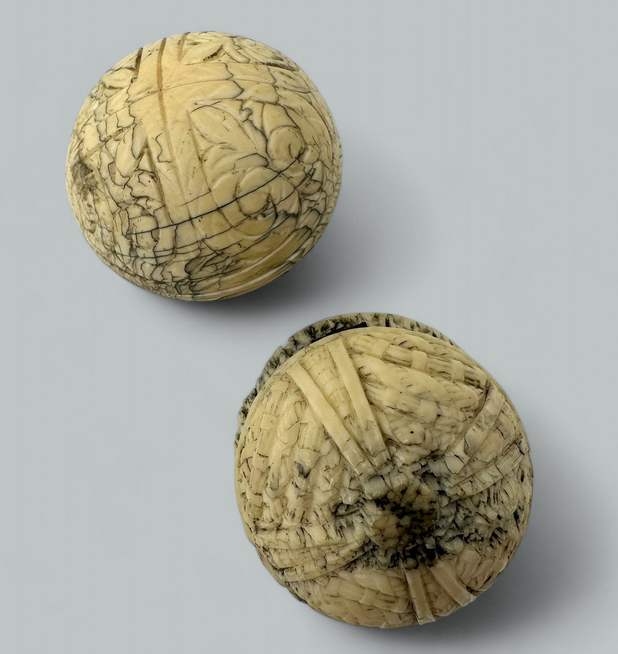 981. Antique Hand Carved Grand Tour Ivory Spheres Diptych Form 19th Century - Image 6