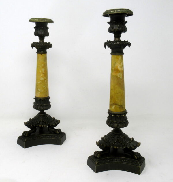 170. Antique Pair of French Sienna Marble Grand Tour Bronze Candelabra Candlesticks