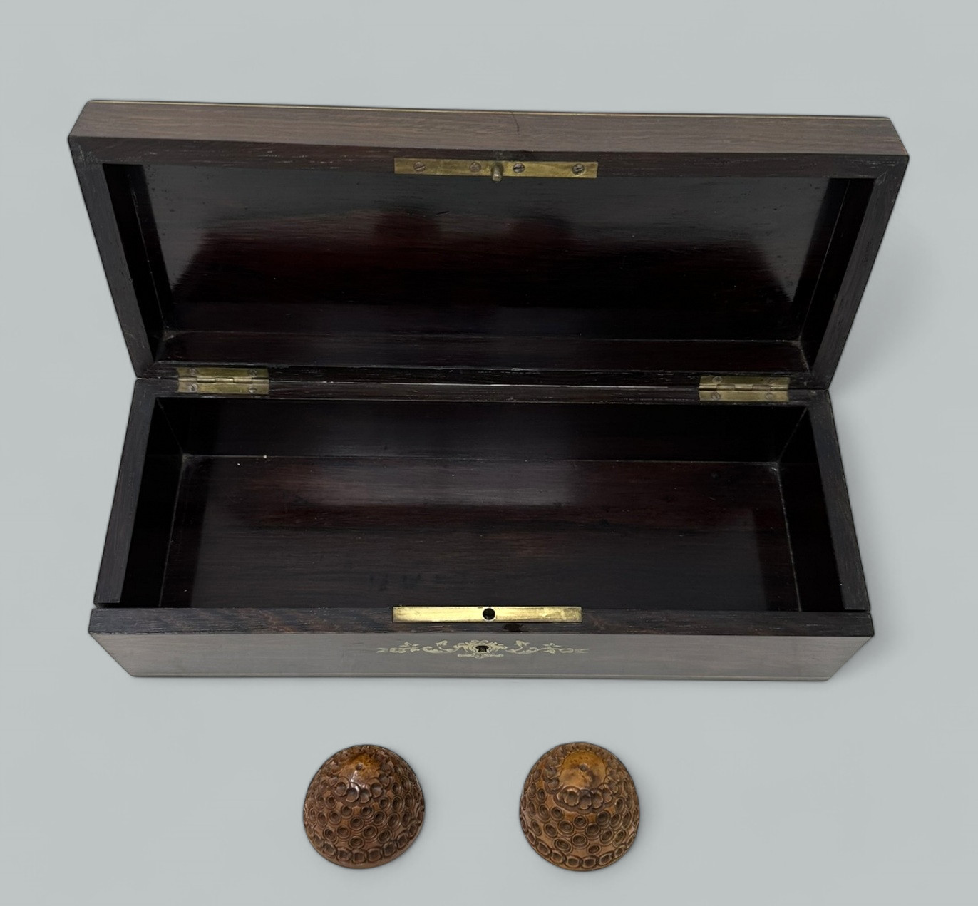 663. Antique Treen Ware Coquilla Nut, Glove Box, Chess Dice Shaker, Lady's Card Case - Image 4