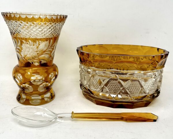 134. Antique Vintage Edwardian Bohemian Hand Cut Crystal Amber Vase Bowl Centerpiece