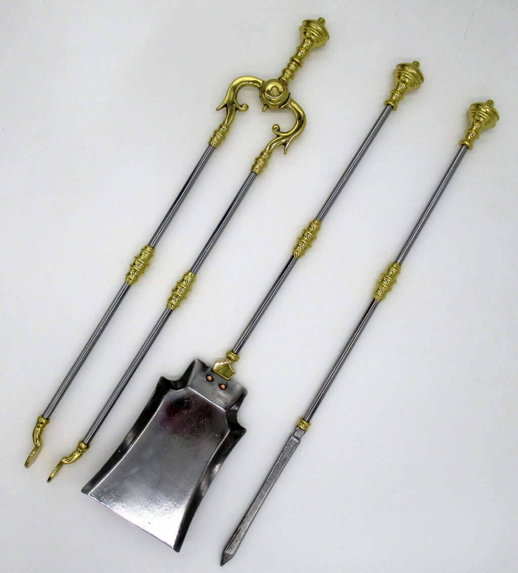774. Set English Victorian Steel Brass Fireplace Fire Tools Irons Companion 19Century