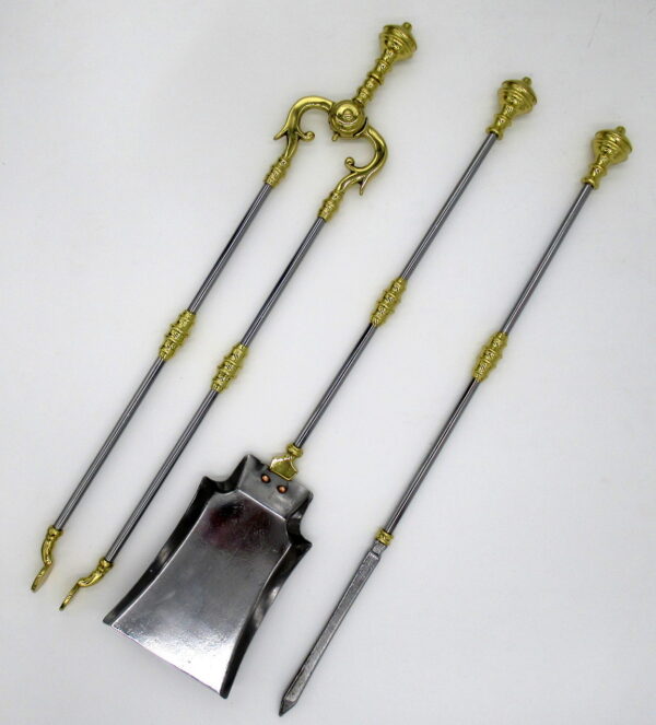 774. Set English Victorian Steel Brass Fireplace Fire Tools Irons Companion 19Century