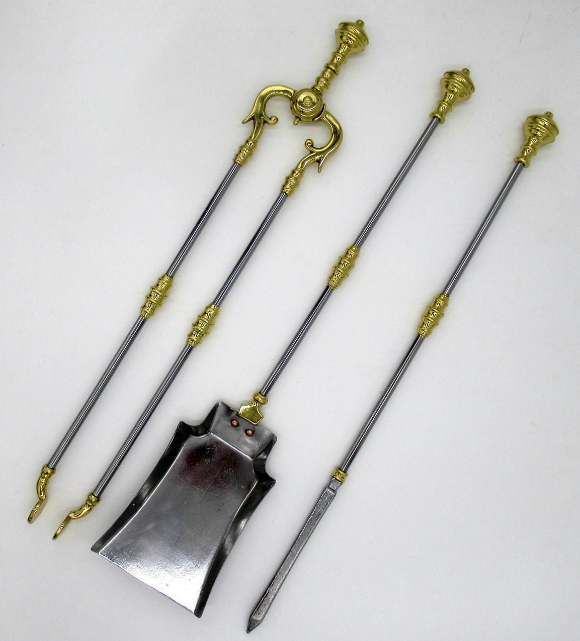 774. Set English Victorian Steel Brass Fireplace Fire Tools Irons Companion 19Century