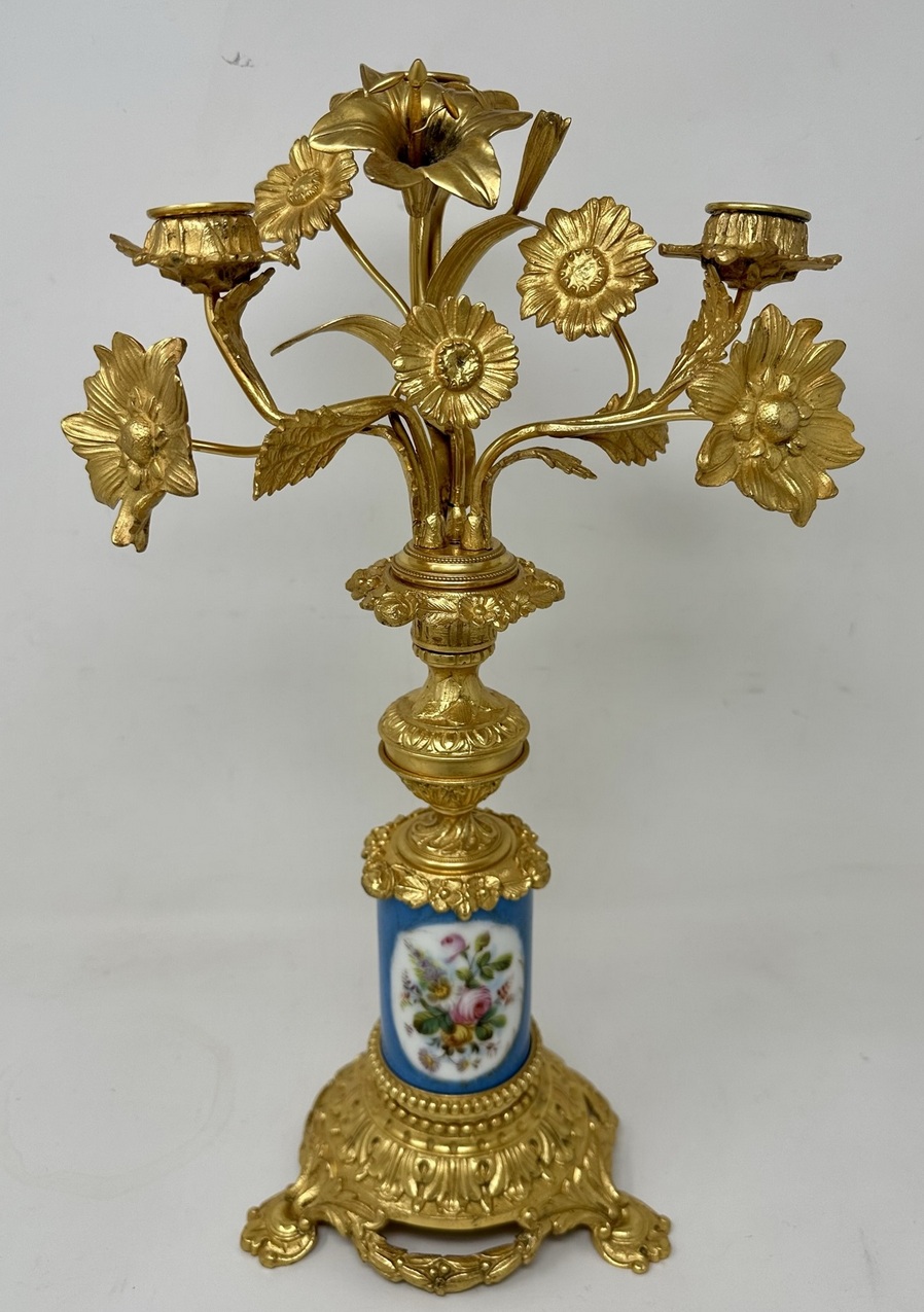 142. Antique Pair French Ormolu Gilt Bronze Sevres Porcelain Candelabras Candlesticks - Image 5