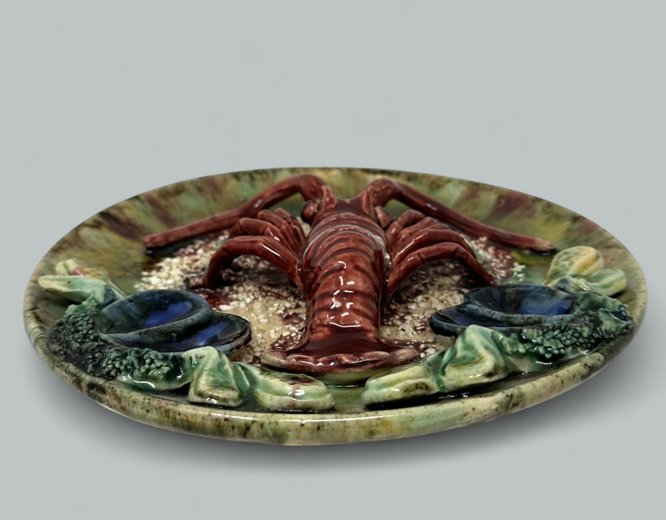 295. Pair Antique Majolica Palissy Portuguese Charger by Jose A Cunha Lobster Seafood - Image 14