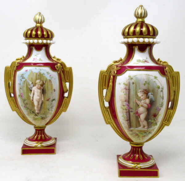 610. Antique Pair English Royal Crown Derby Porcelain Vases by Antonin Boullemier 19C