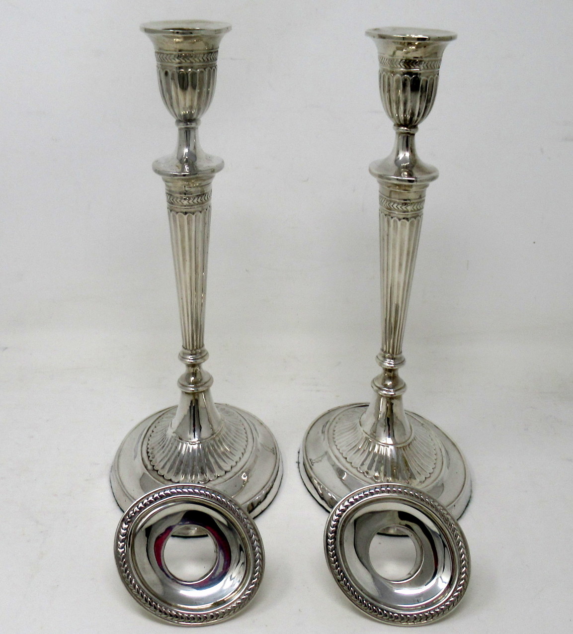 957. Antique Pair English Sterling Silver Candlesticks Candelabra Adams Style 1905 - Image 4