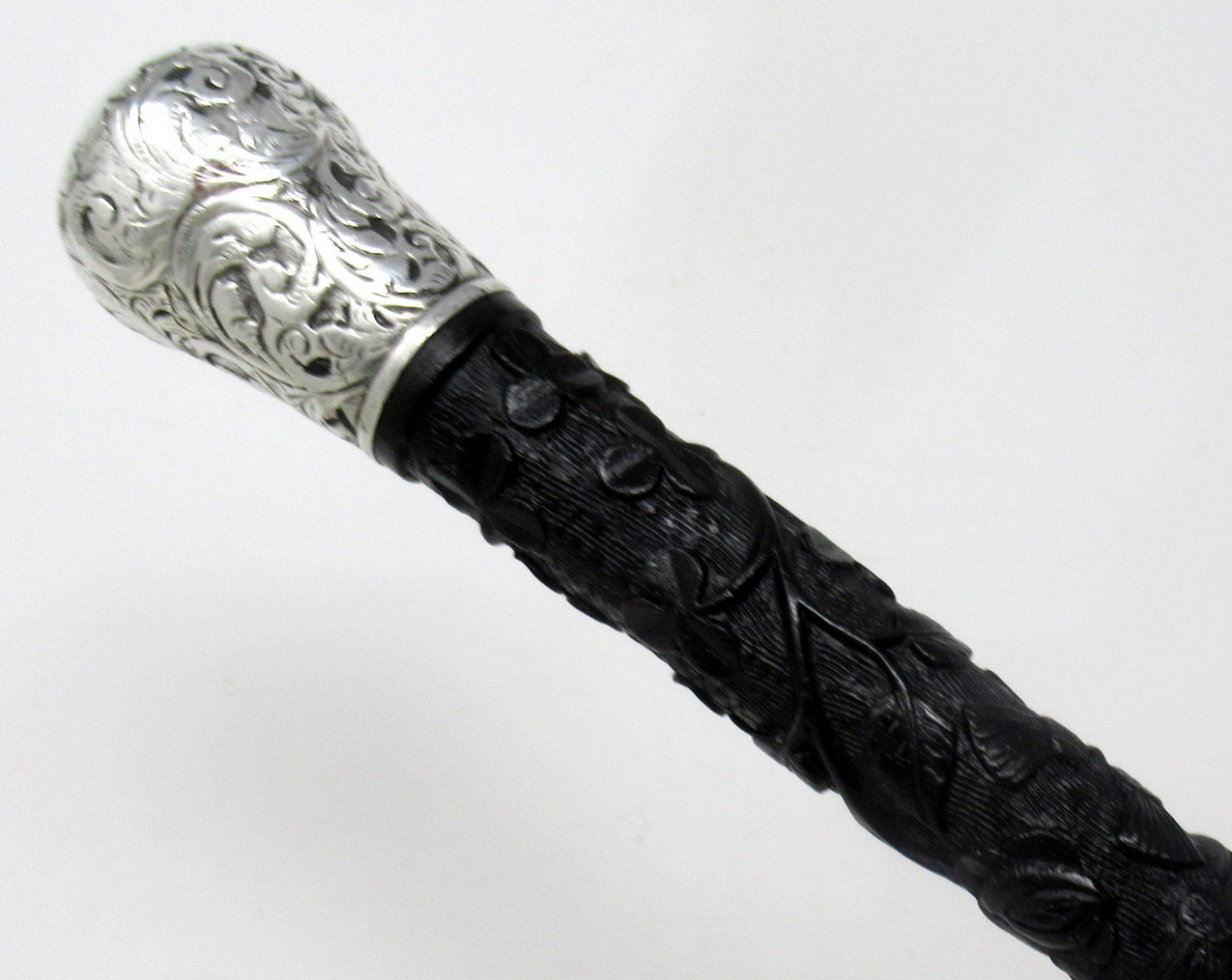 853. Antique Vintage Irish Bog Oak Wooden Walking Cane Swagger Stick Sterling Silver - Image 6