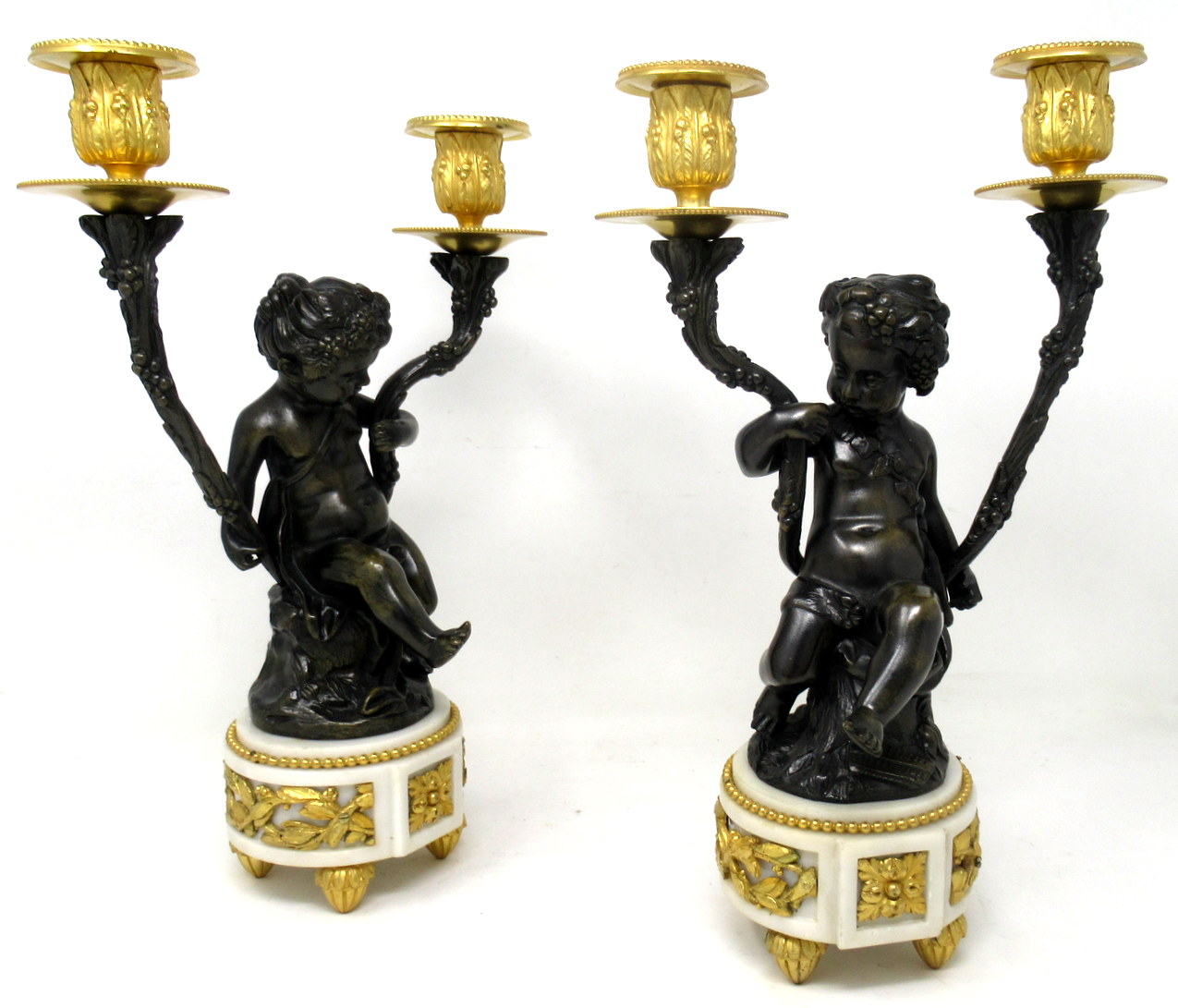 400. Antique Pair Gilt Bronze Ormolu Twin Light Candelabra Clodion Grand Tour Cherubs