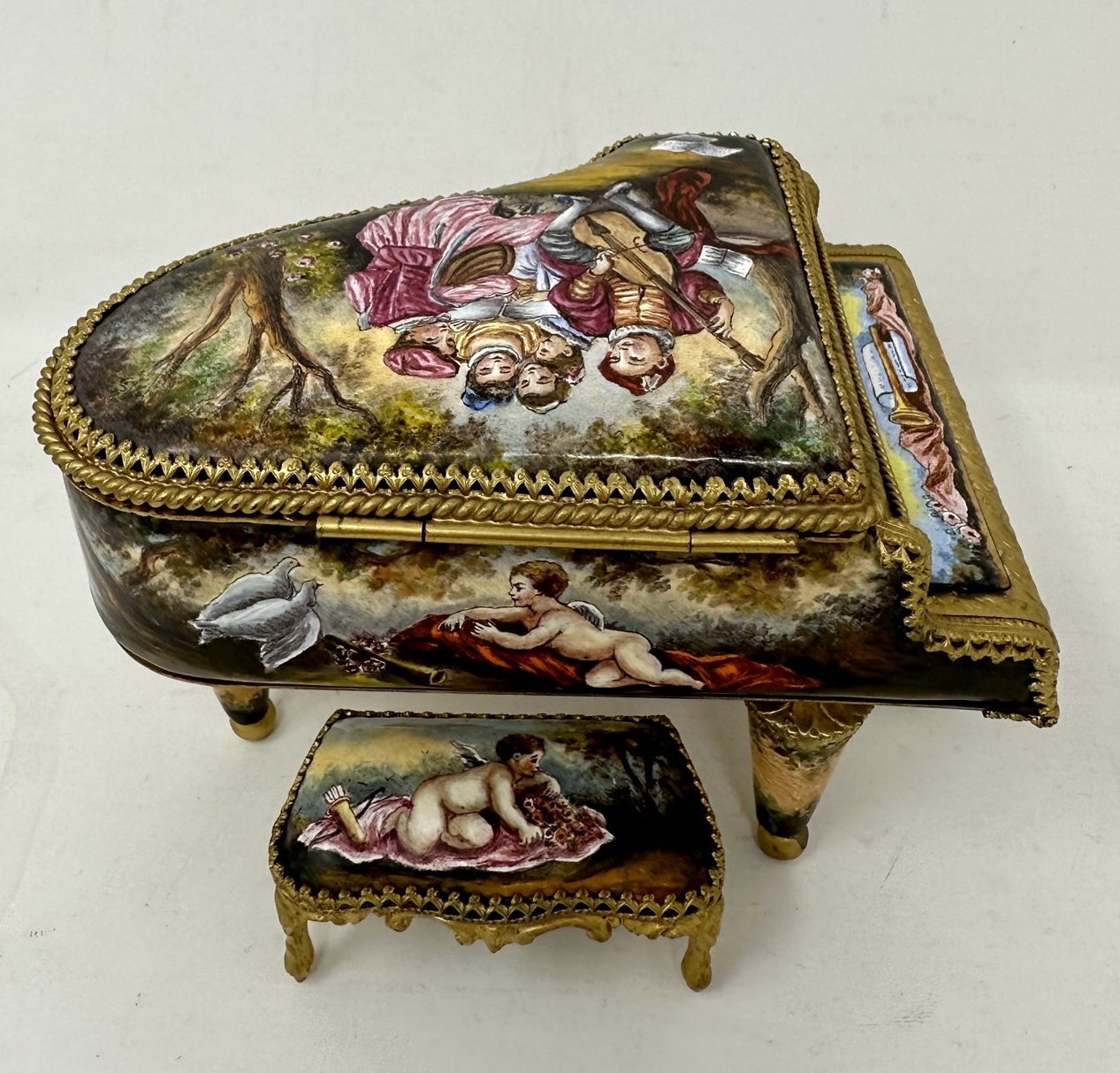 811. Antique Austrian Ormolu Bronze Enameled Viennese Miniature Musical Piano Casket - Image 7