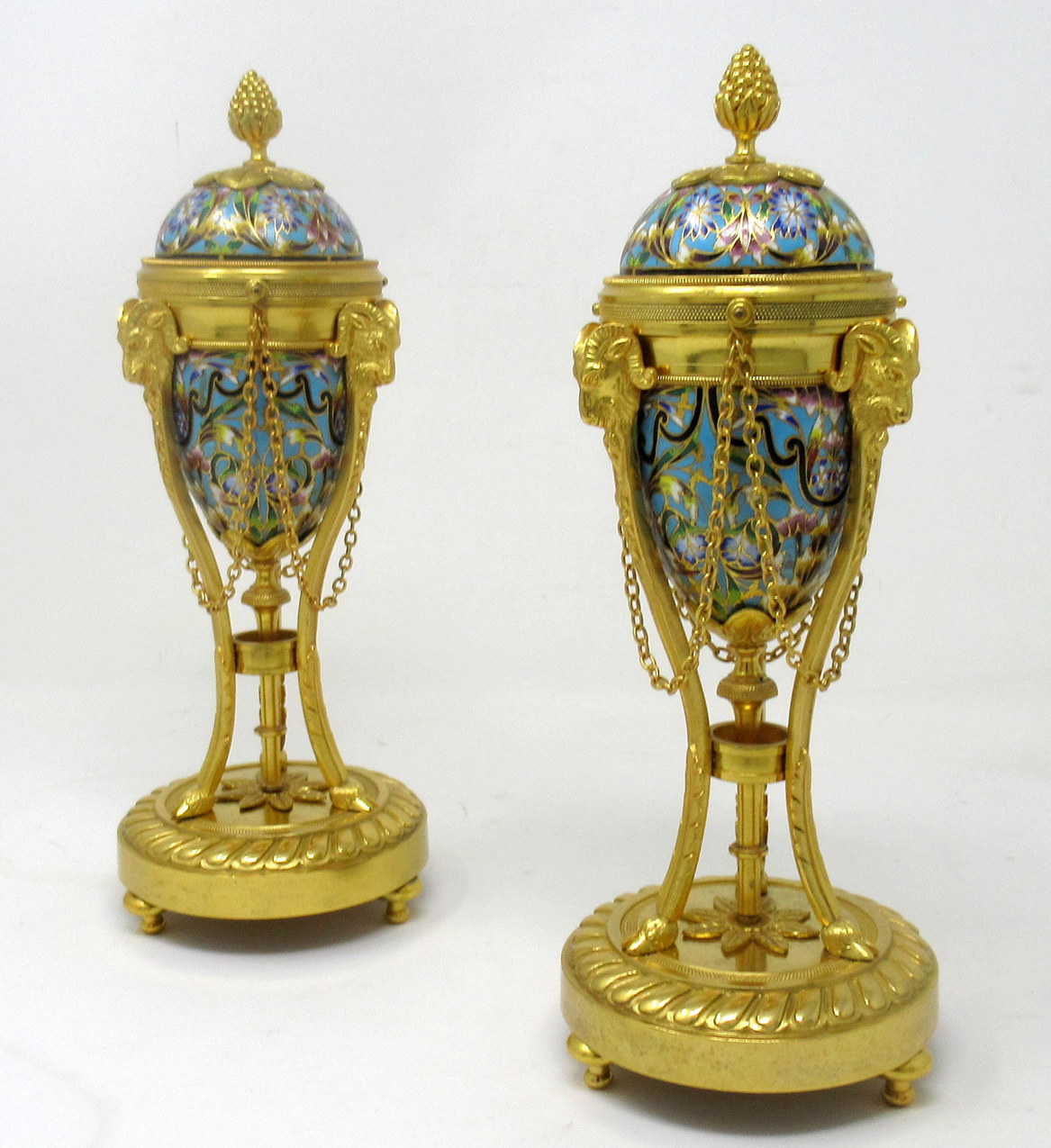 848. Antique Pair French Champlevé Enamel Ormolu Gilt Bronze Cassolettes Urns Vases - Image 2