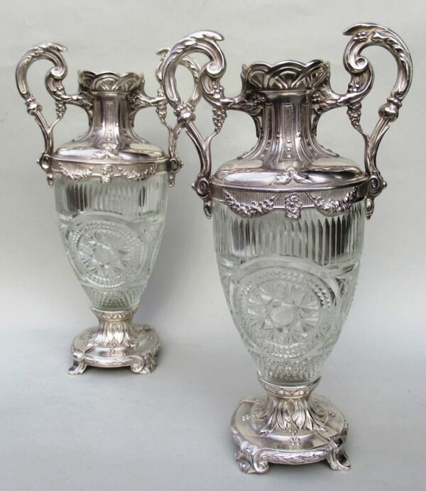 576. Superb Pair French Hand Cut Crystal Twin Handle Vases 19thCt