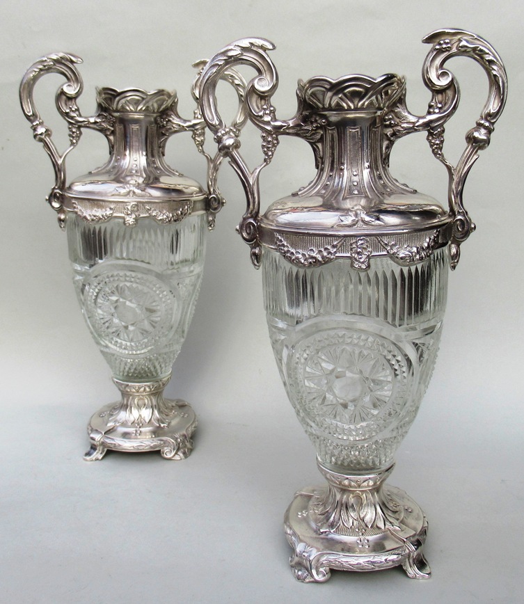 576. Superb Pair French Hand Cut Crystal Twin Handle Vases 19thCt