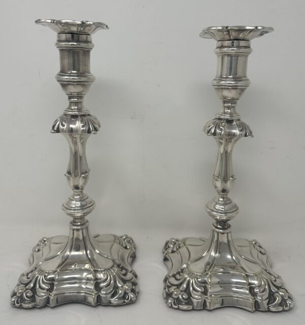 998. Antique Pair English Sterling Silverplate Candlesticks Candelabra Elkington 1830