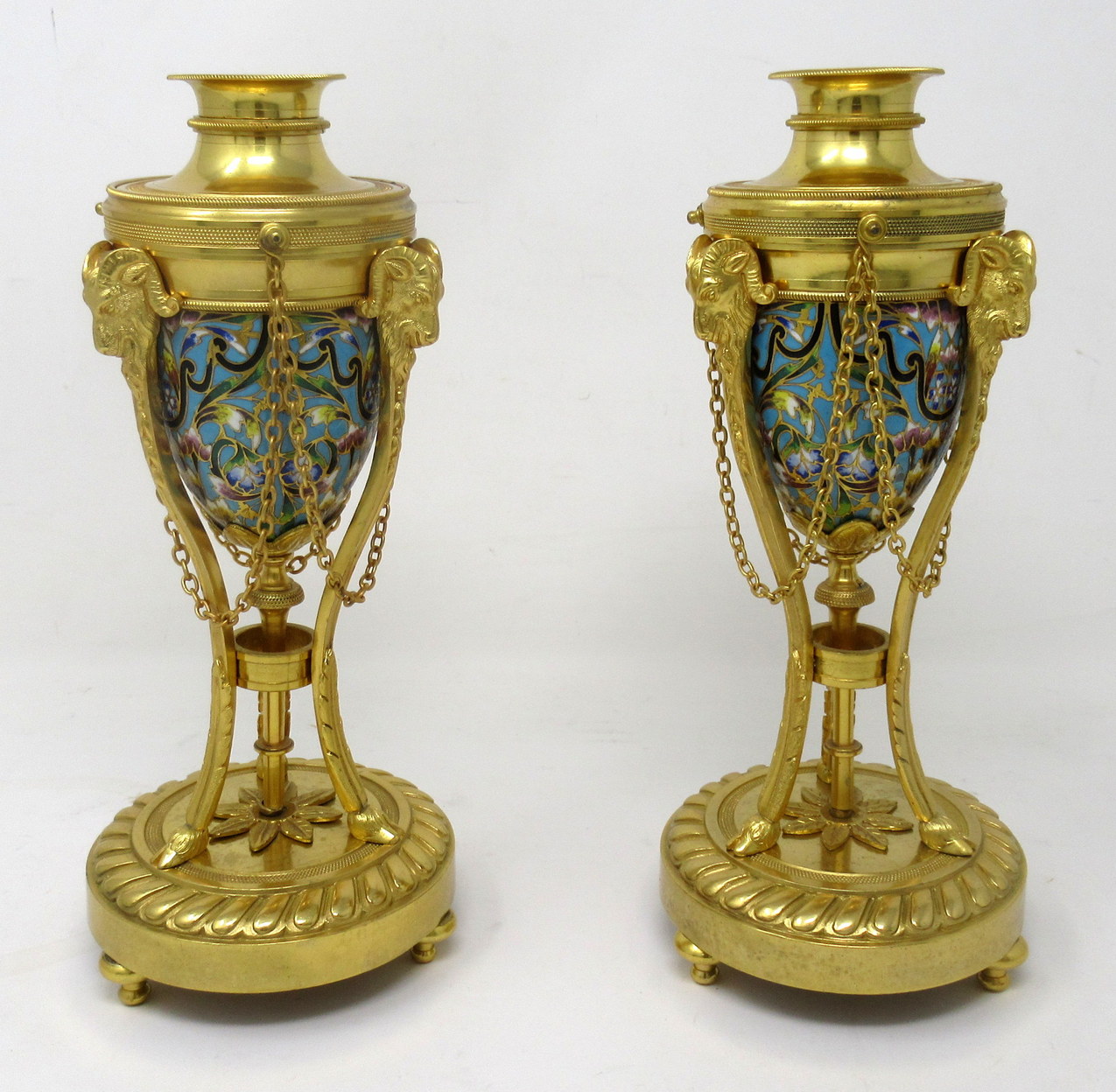 848. Antique Pair French Champlevé Enamel Ormolu Gilt Bronze Cassolettes Urns Vases - Image 5