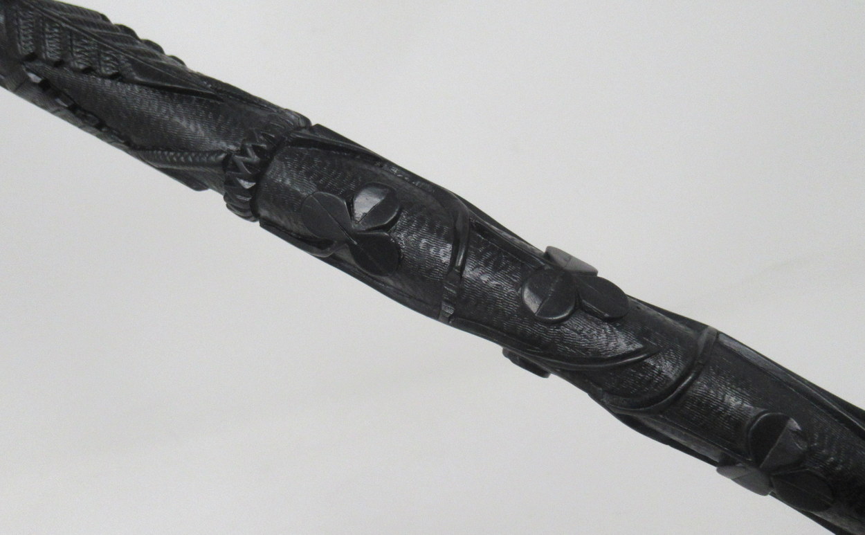 201. Fine Hand Carved Irish Bog Oak Walking Stick Silver Collar 19thCt - Image 5
