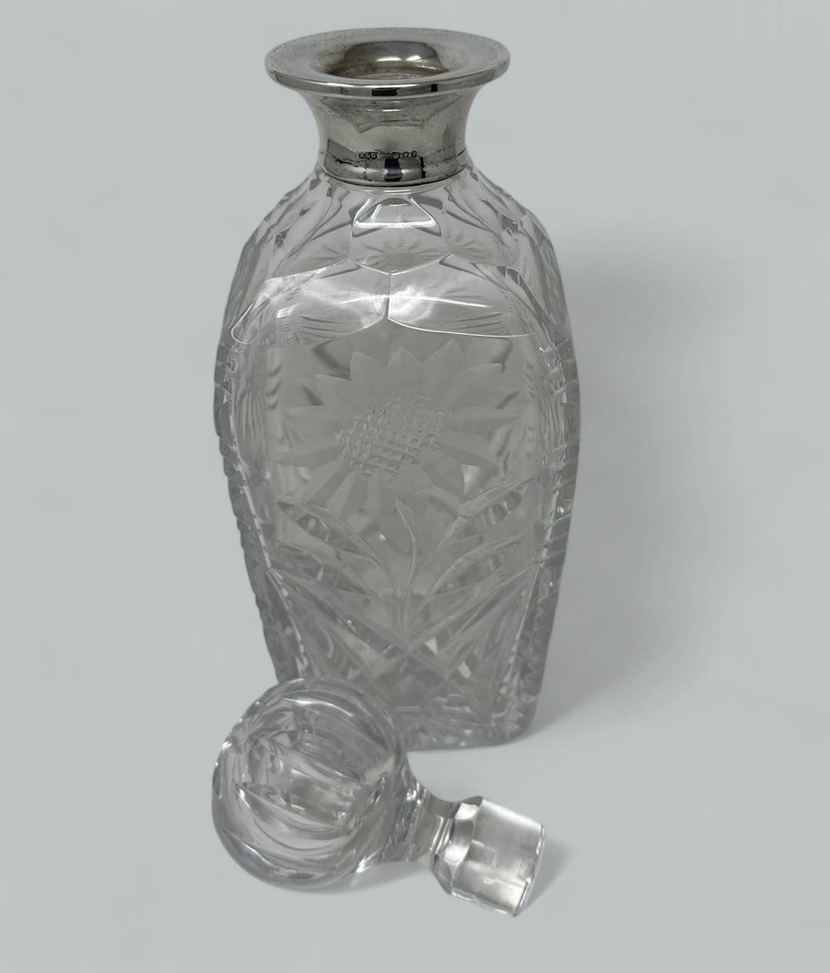 616. Pair Mid Century Full Lead Crystal Sterling Silver Spirits Wine Decanters, 1966 - Image 5