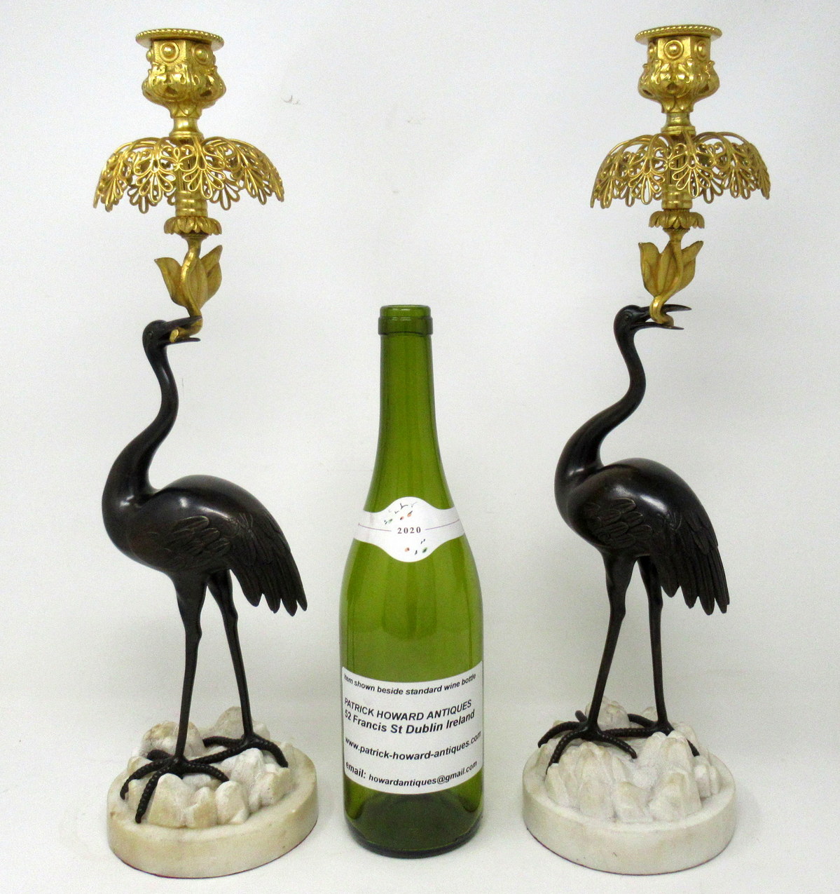 136. Antique Pair of English Ormolu Gilt Bronze Candlesticks Storks Cranes by Abbot - Image 8