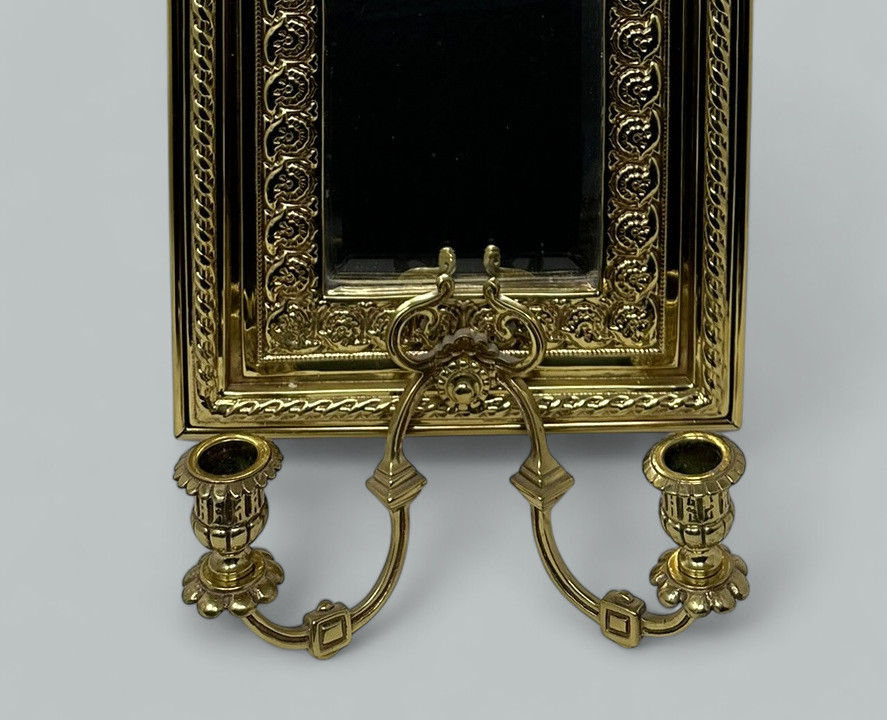 976. Antique Pair French Brass Girandole Wall Applique Sconces Mirrors Candlesticks - Image 6
