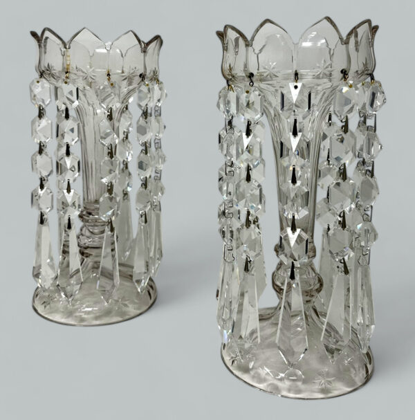 253. Antique Pair Irish Waterford Crystal Hand Cut Full Lead Lustres Vases Ireland
