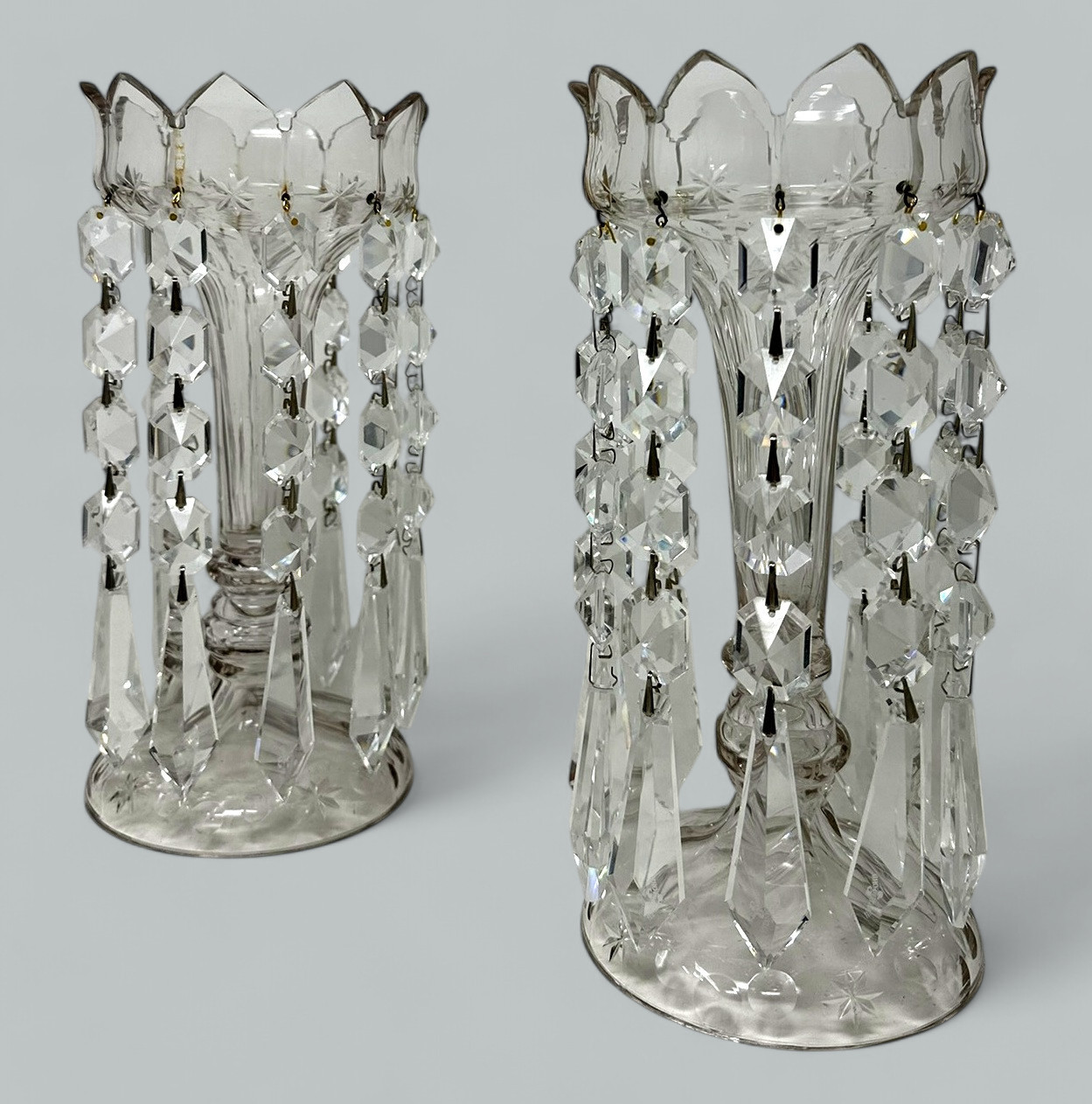 253. Antique Pair Irish Waterford Crystal Hand Cut Full Lead Lustres Vases Ireland