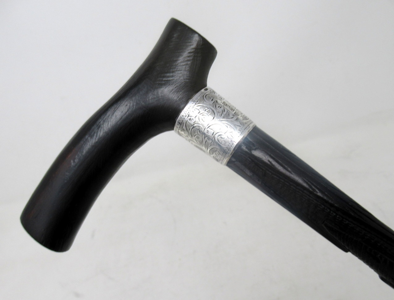 001. Fine Hand Carved Irish Bog Oak Walking Stick Silver Collar Hallmark 1901 - Image 3