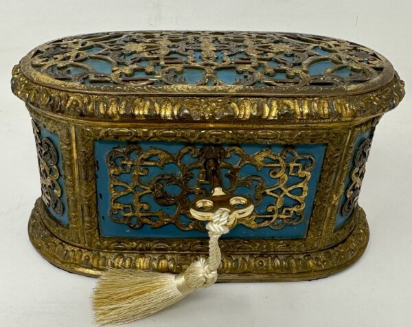 624. Antique French Ormolu Gilt Bronze Dore Casket Jewelry Box Sevres Style 1860 19Ct