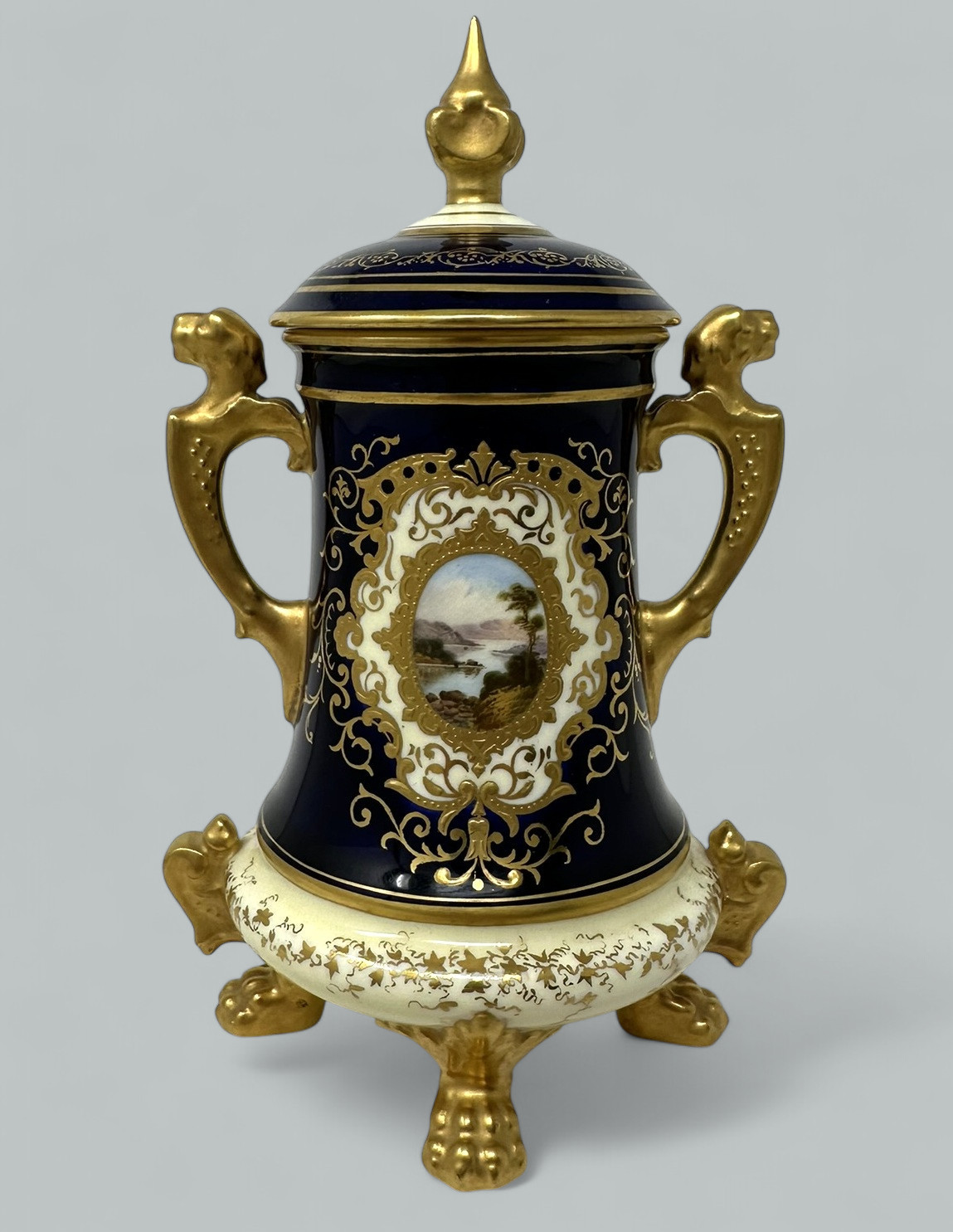 121. Antique Coalport Hand Painted Porcelain Vase Urn English Landscape Painting 1910