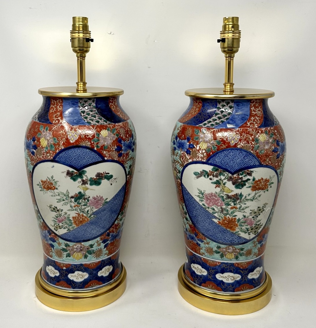 730. Antique Pair Japanese Chinese Imari Porcelain Ormolu Table Lamps Blue Red Gilt - Image 2