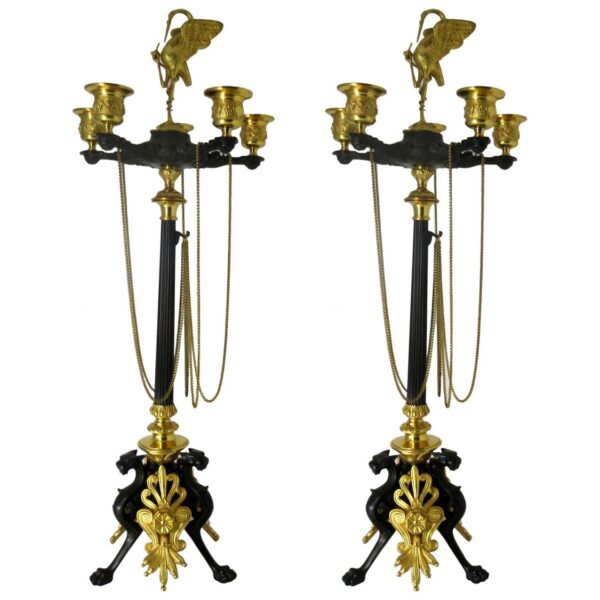 191. Pair French Ormolu Gilt Bronze Dore Five Light Candelabra Candlesticks 19Century