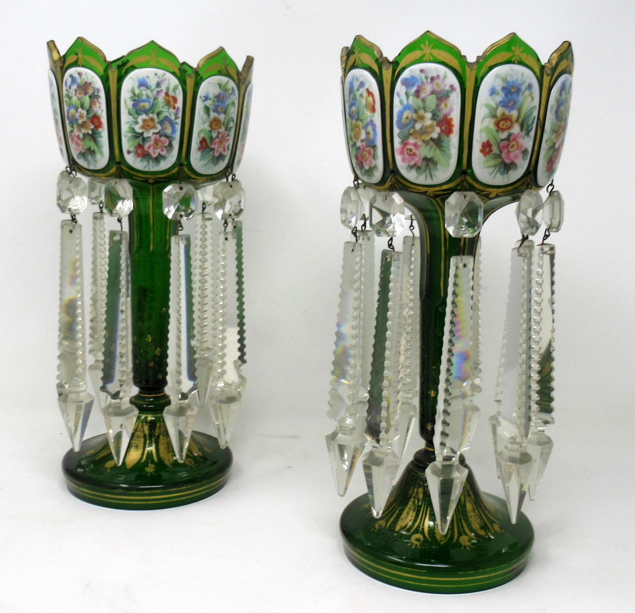 176. Antique Crystal Bohemian Emerald Green Enamel Pair Overlaid Lusters Candlesticks - Image 2