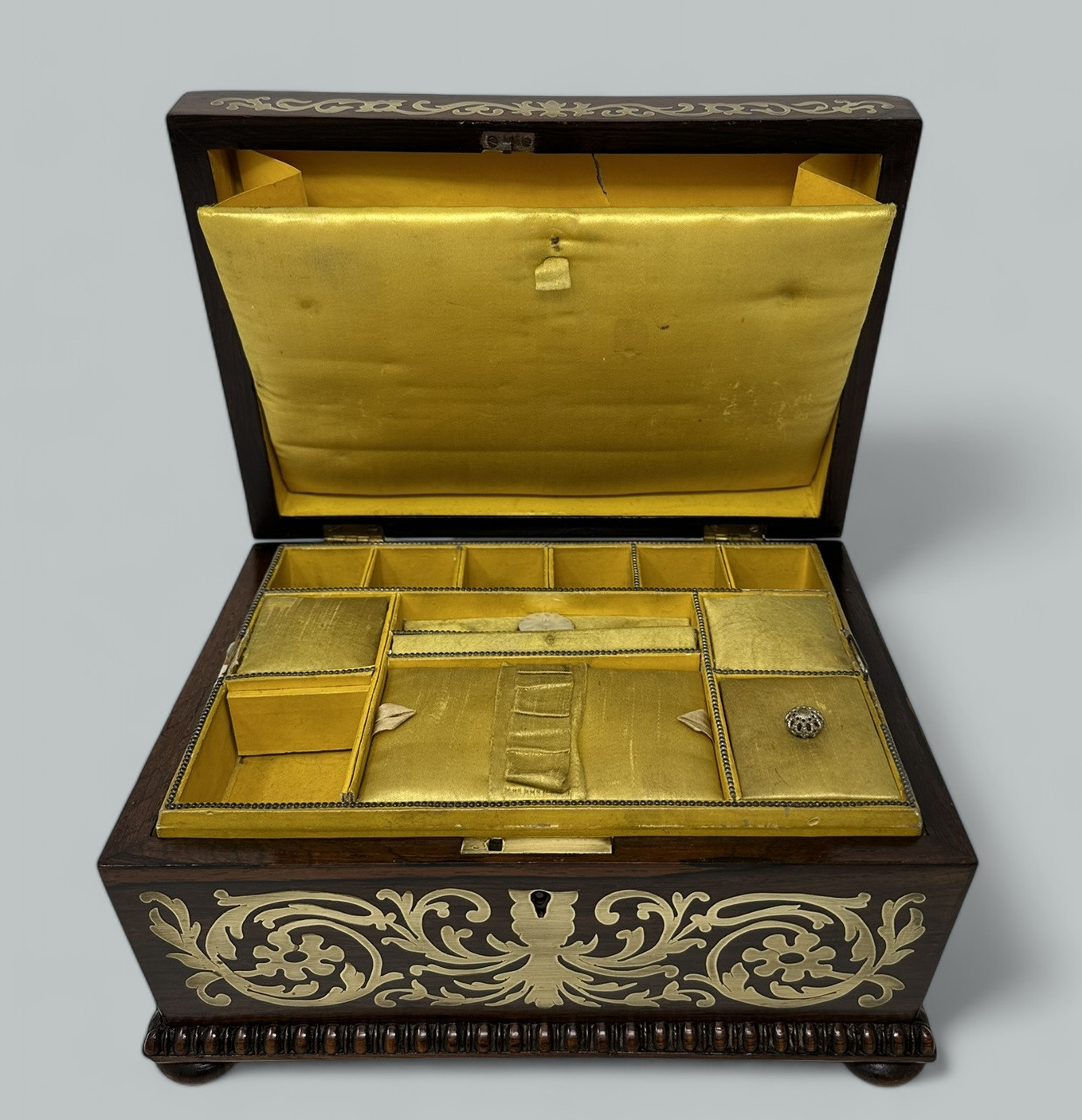 104. Antique Brass Inlaid Rosewood English Jewelry Sewing Casket Gillows Lancaster - Image 9
