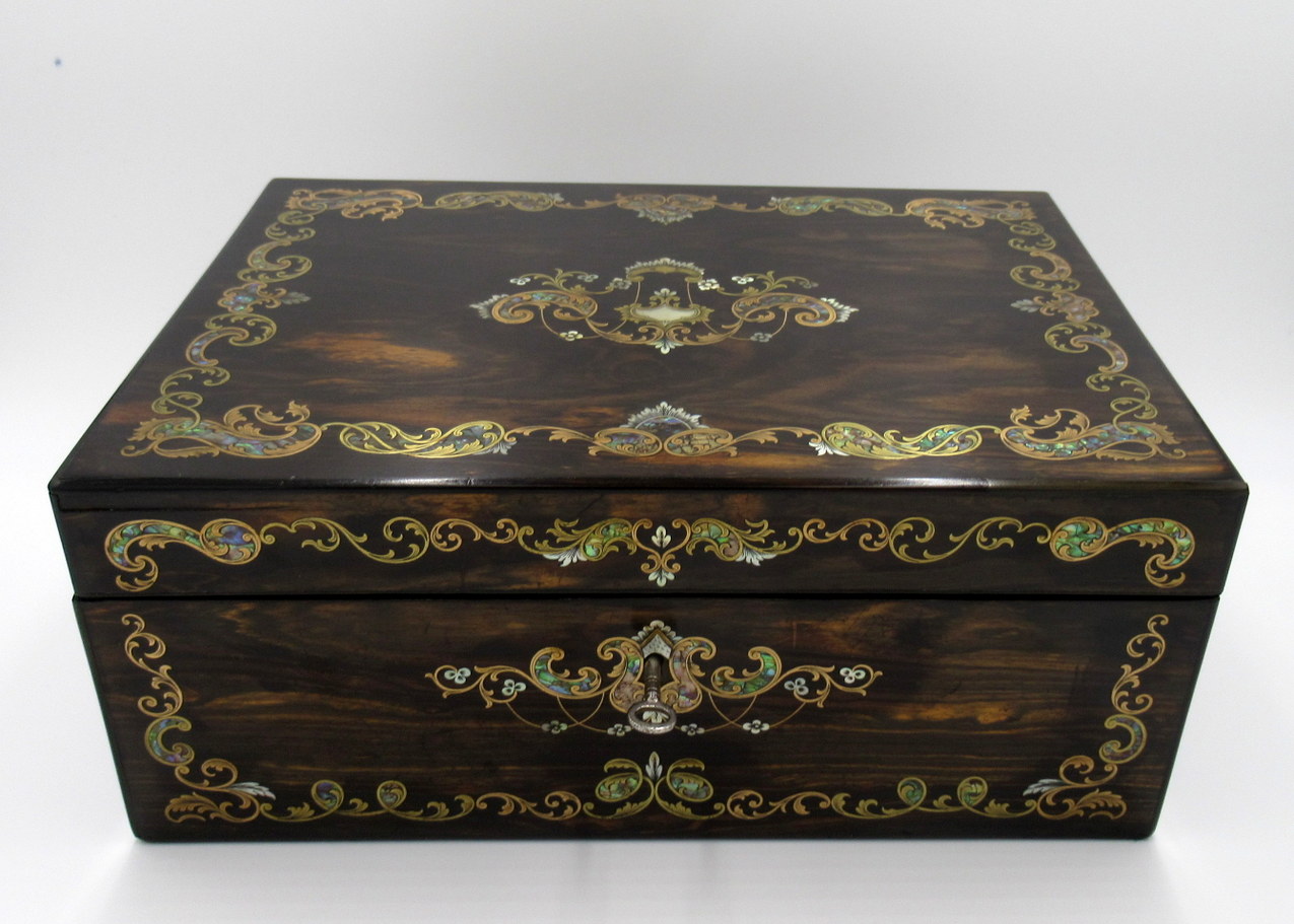 279. Antique Coromandel Mahogany Brass Inlaid English Writing Box Slope Mother Pearl - Image 4