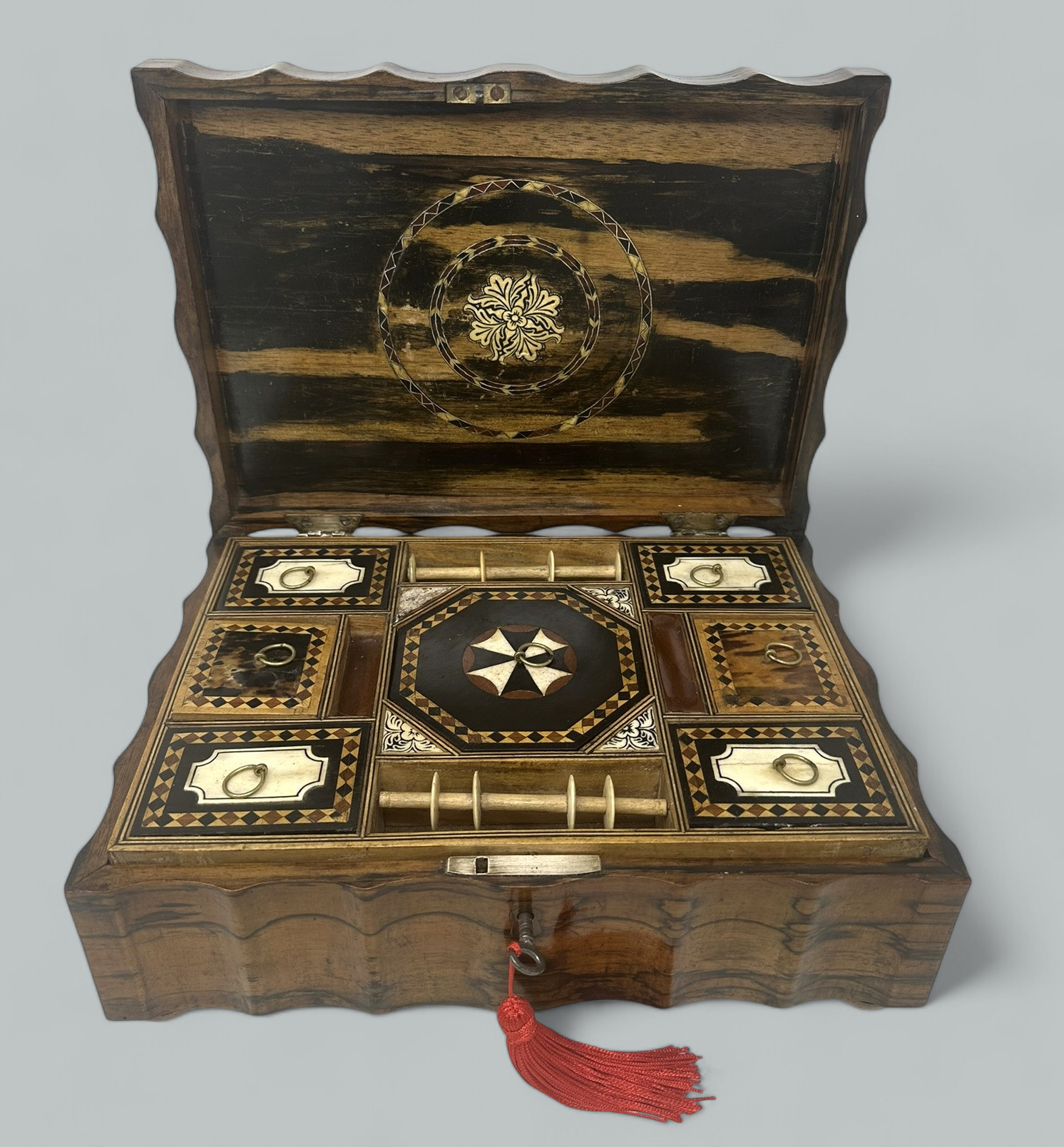 108. Antique Anglo Indian Coromandel Satinwood Ladys Jewelry Sewing Table Box 19th Ct - Image 4