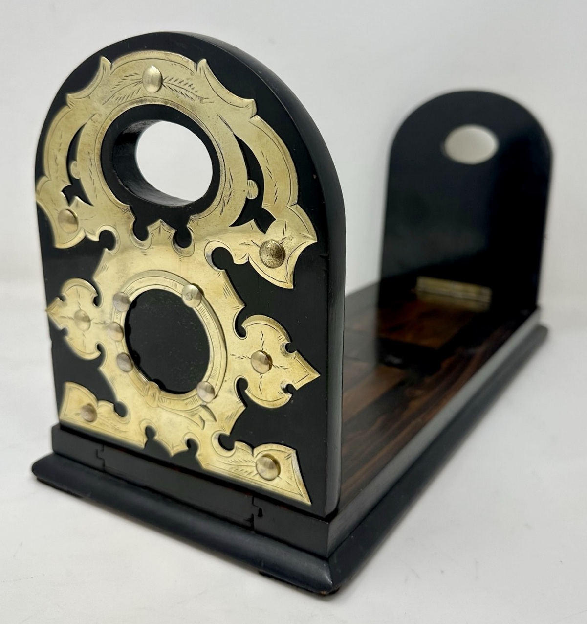 692. Antique Victorian Brass Inlaid Coromandel Library Book Trough Bookcase Holder