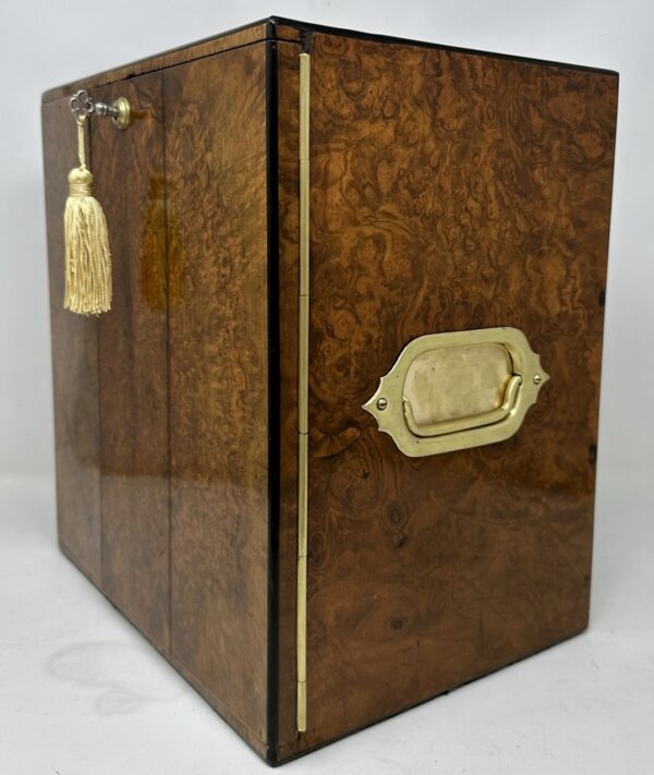 237. Antique English Lady's Gentleman's Burl Walnut Jewlery Casket Miniature Cabinet