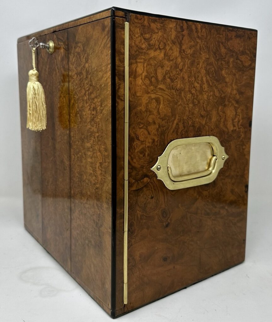 237. Antique English Lady's Gentleman's Burl Walnut Jewlery Casket Miniature Cabinet