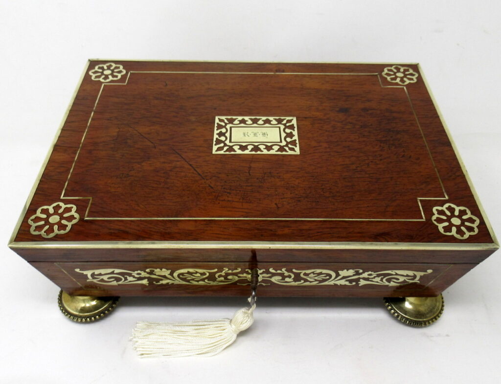 545. Antique English Regency Brass Inlaid Mahogany Jewellery Trinket Box Casket 19 Ct