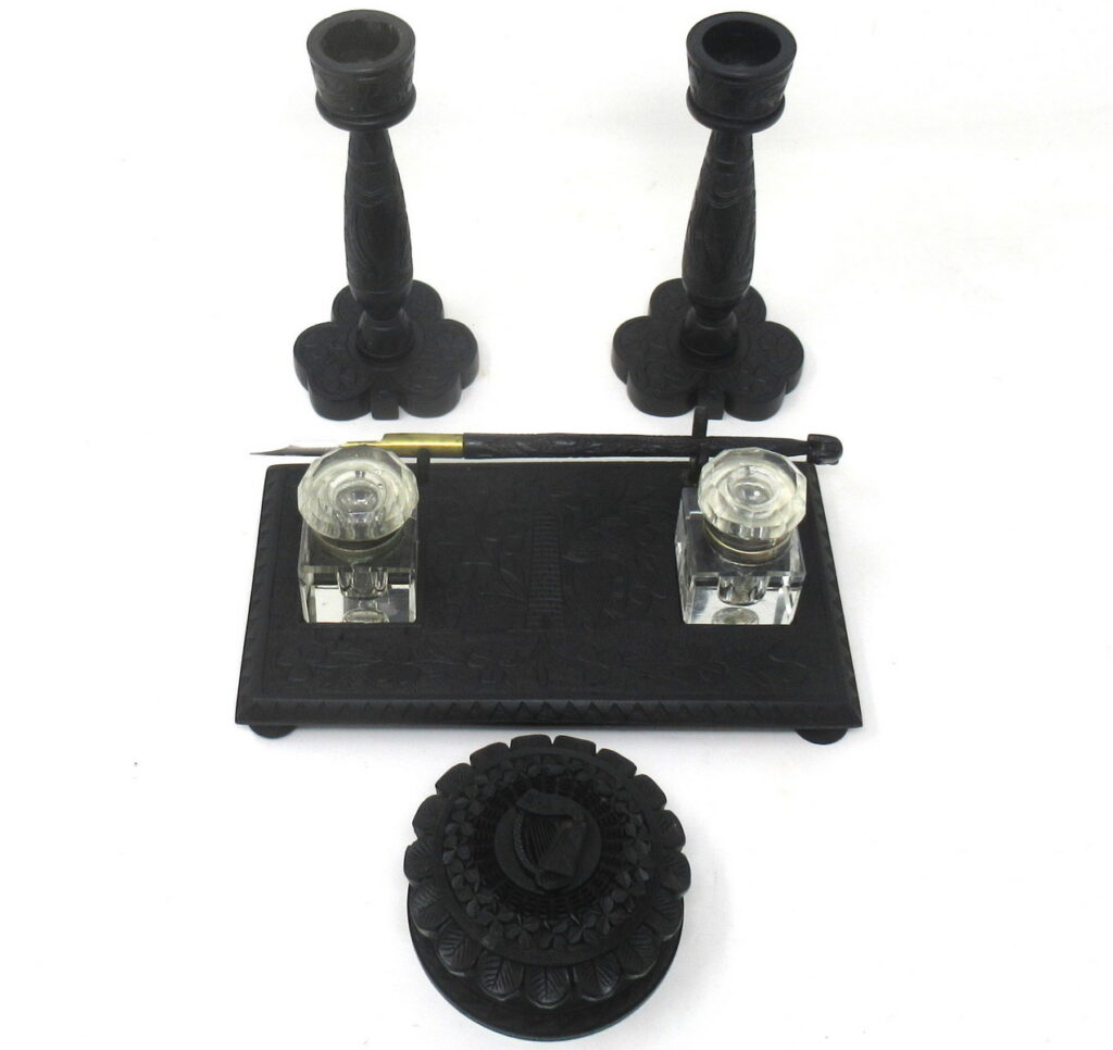 158. Irish Carved Bog Oak Desk Set Candlestick Shamrock Harp Greyhound Dublin Ireland