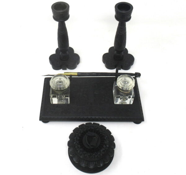 158. Irish Carved Bog Oak Desk Set Candlestick Shamrock Harp Greyhound Dublin Ireland