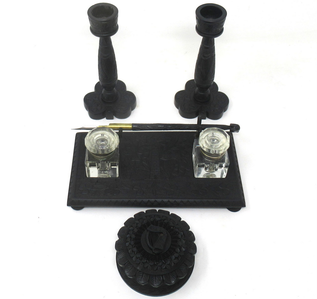 158. Irish Carved Bog Oak Desk Set Candlestick Shamrock Harp Greyhound Dublin Ireland