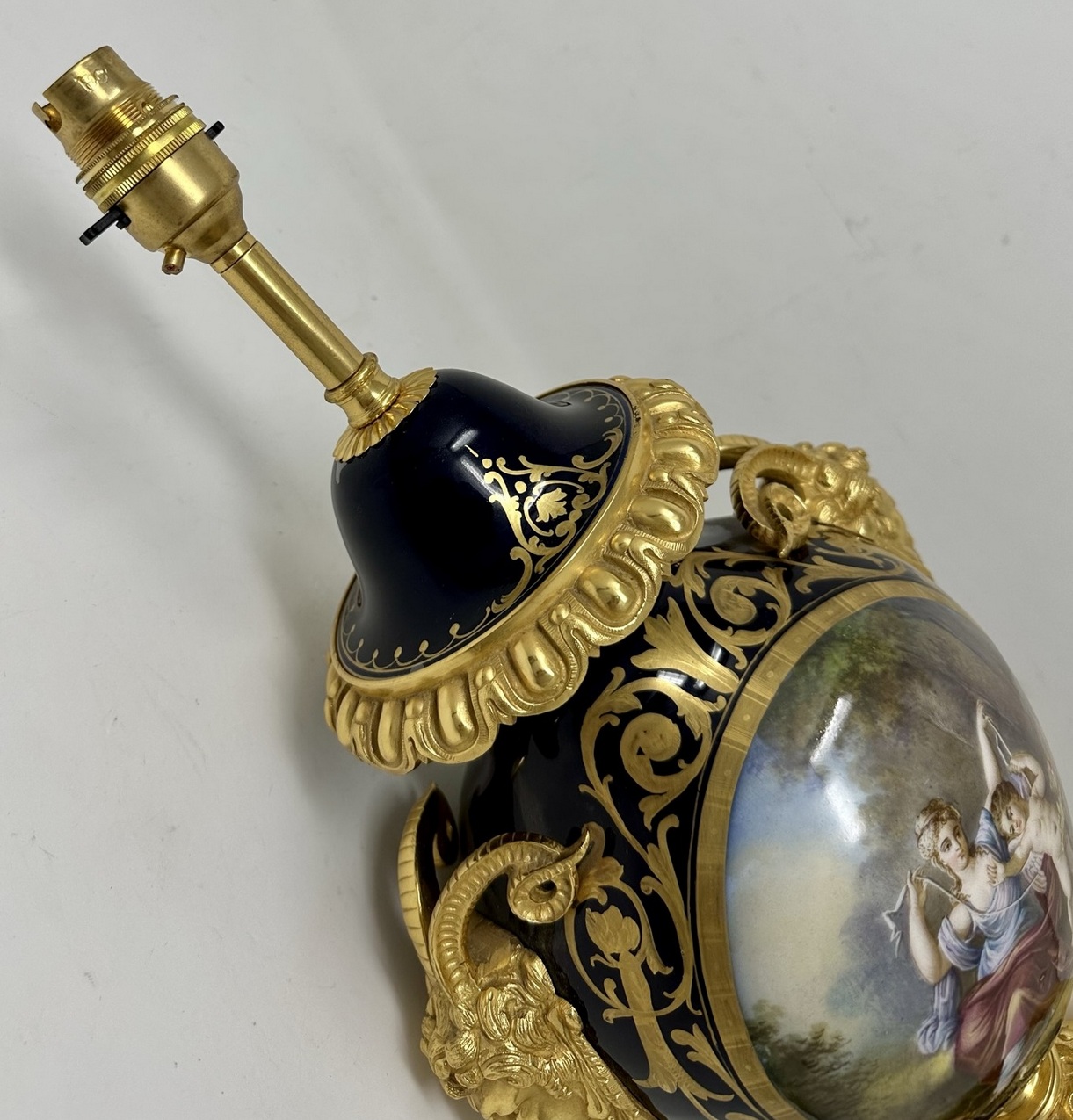 526. French Sèvres Porcelain Watteau Scene Ormolu Cobalt Blue Table Lamp Bronze Satyr - Image 9