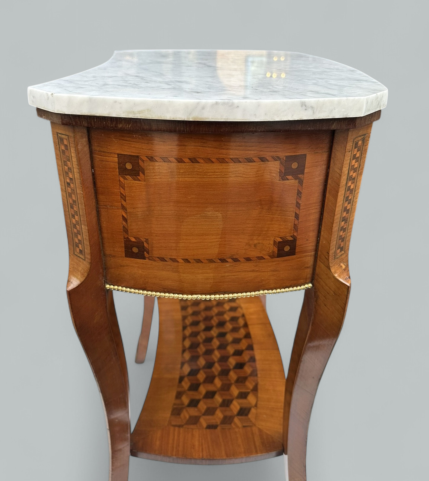 649. Antique French Marquetry Marble Top Kingwood Bedside Cabinets Locker Nightstands - Image 7