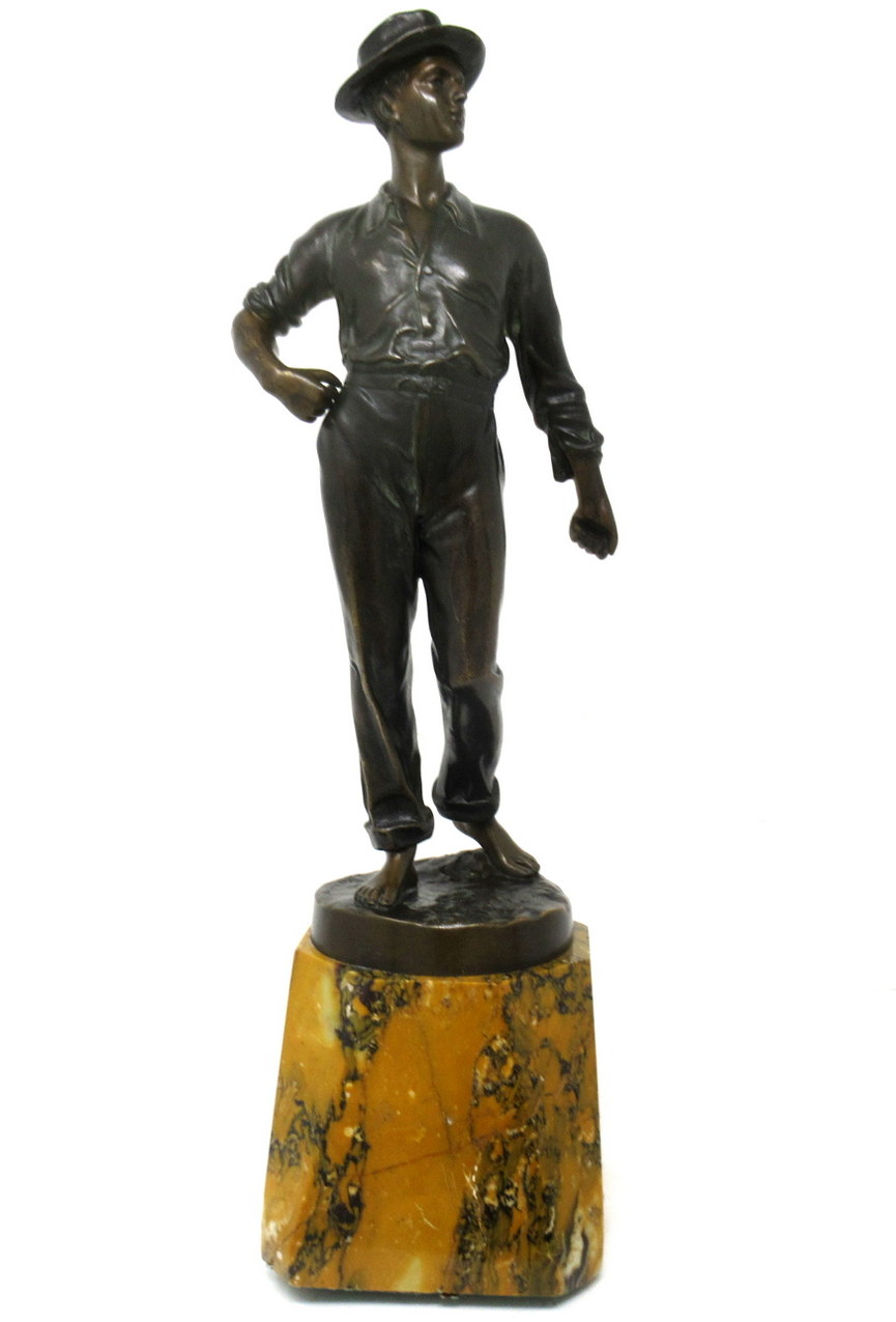 944. Antique German Bronze Male Boy Figure Sienna Marble Constantin Holand Art Deco