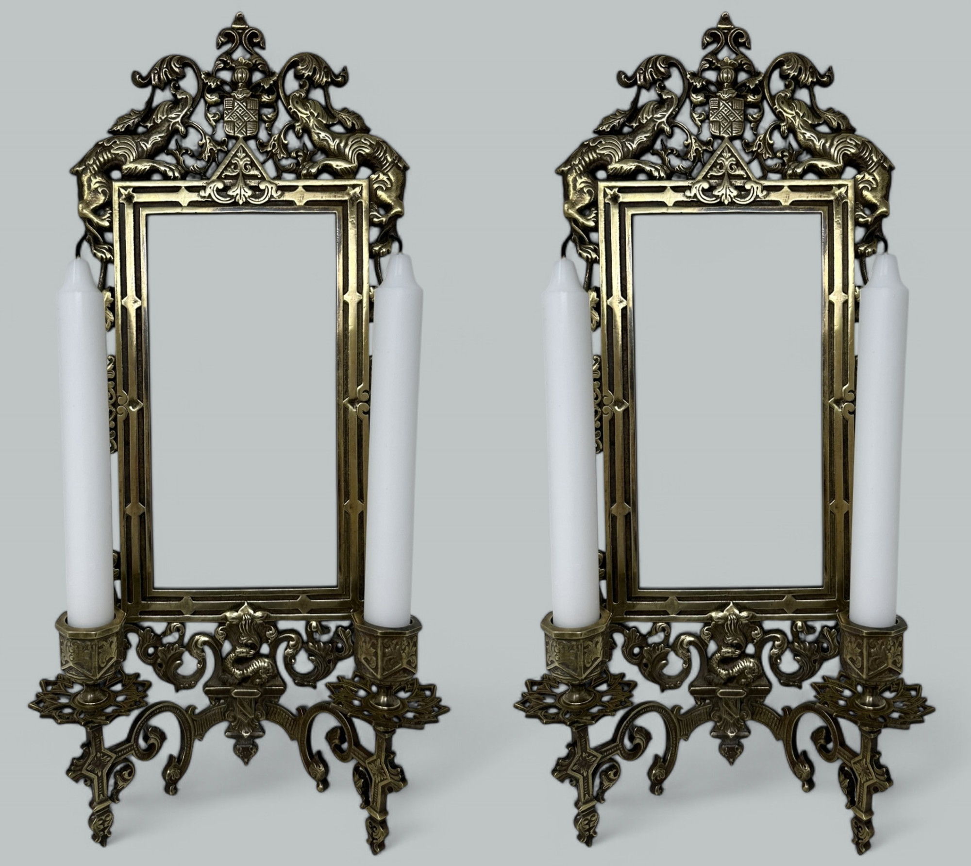 078. Antique Pair French Brass Girandole Wall Applique Sconces Mirrors Candlesticks - Image 2