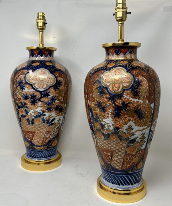 873. Antique Pair Japanese Chinese Imari Porcelain Ormolu Table Lamps Blue Red Gilt
