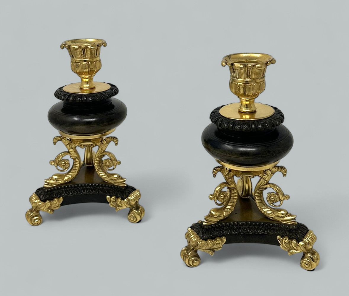 919. Antique Pair French Ormolu Gilt Bronze Dore Empire Candlesticks with Dolphins - Image 4