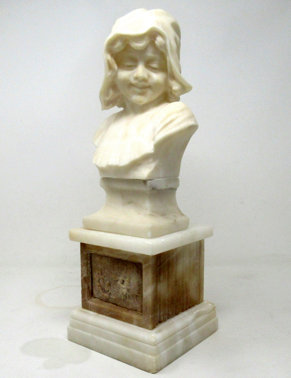 109. Antique Alabaster Bust Figure Wearing Bonnet Classical Scene French Italian 19Ct - Image 3